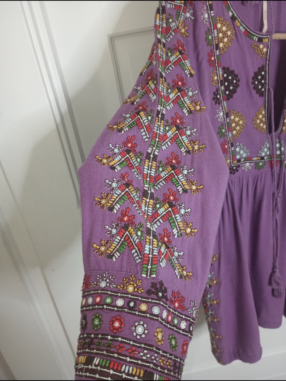 Free People Starlight Mini Dress Purple Balochi Embroidery Boho Tassel Pockets S - Picture 11 of 13